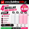 Pack 4 Botellas de aluminio 600 ml Para Sublimación
