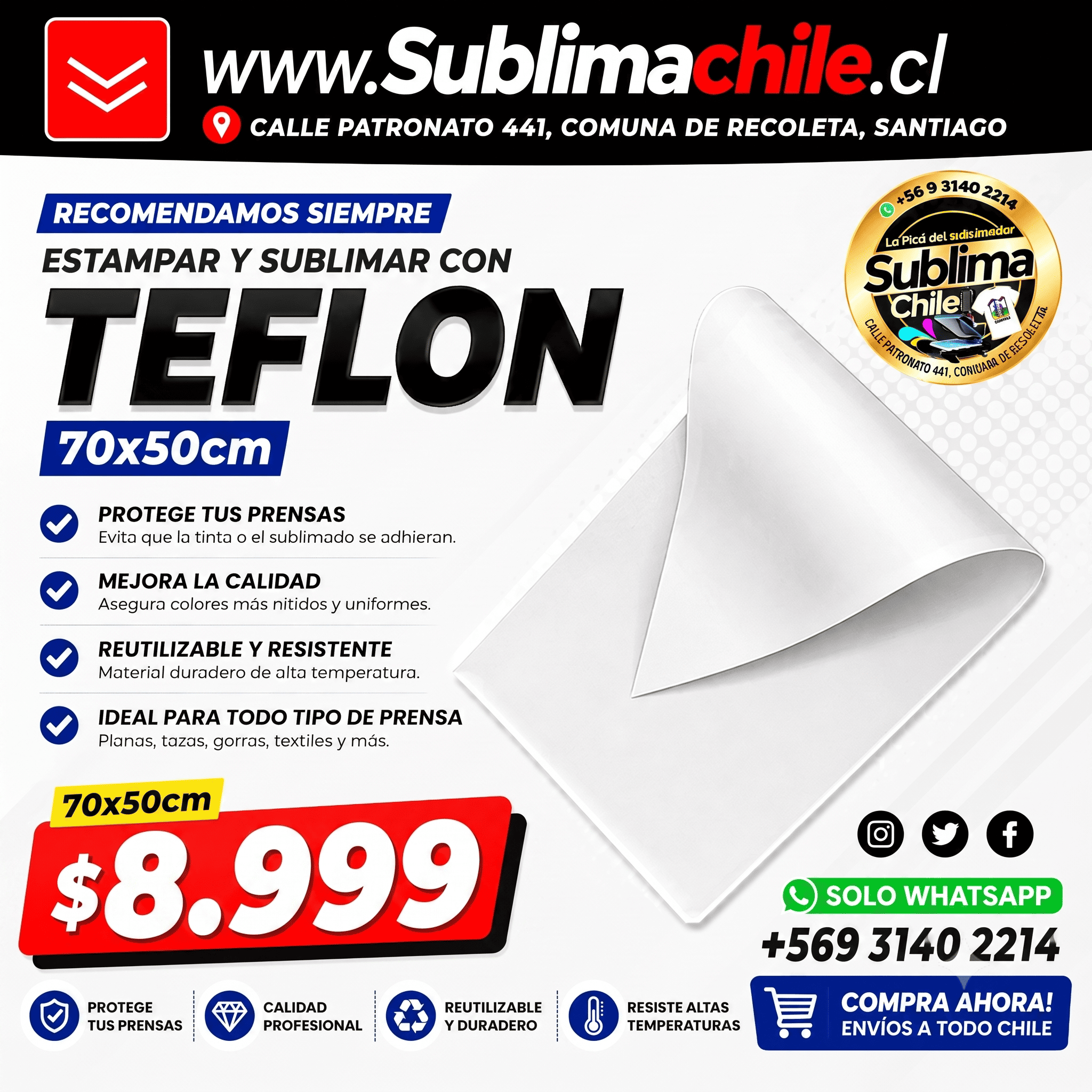 Lámina de Teflón 70x50 cm para Estampadora 1 Lámina de Teflón 70x50 cm para Estampadora