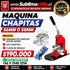 Máquina para Chapitas 56 mm o 58 mm + Molde de Acero + 100 Chapitas + Tijera de Regalo