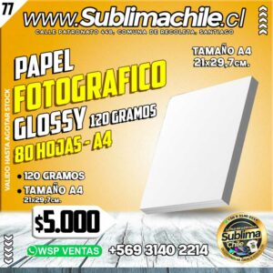 Papel Fotográfico Glossy tamaño A4 - 120 g. 80 hojas