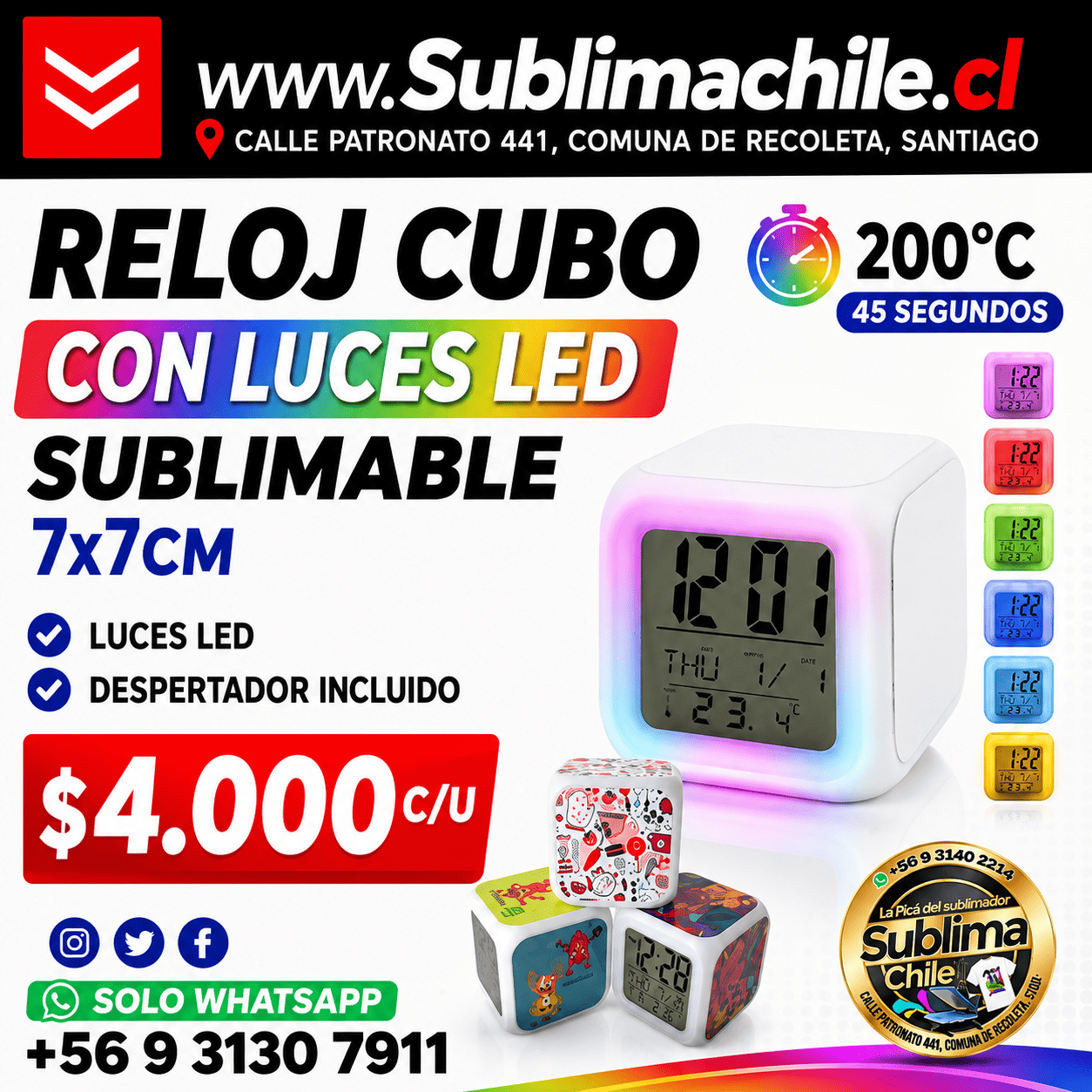 Reloj Cubo Sublimable 7x7 cm 1 Reloj Cubo Sublimable 7x7 cm