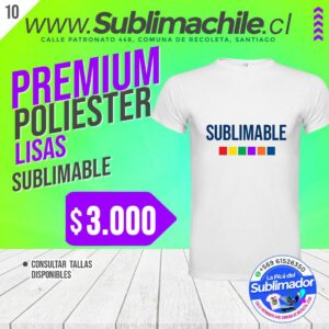 Polera Lisa 100% poliéster PREMIUM para Sublimar