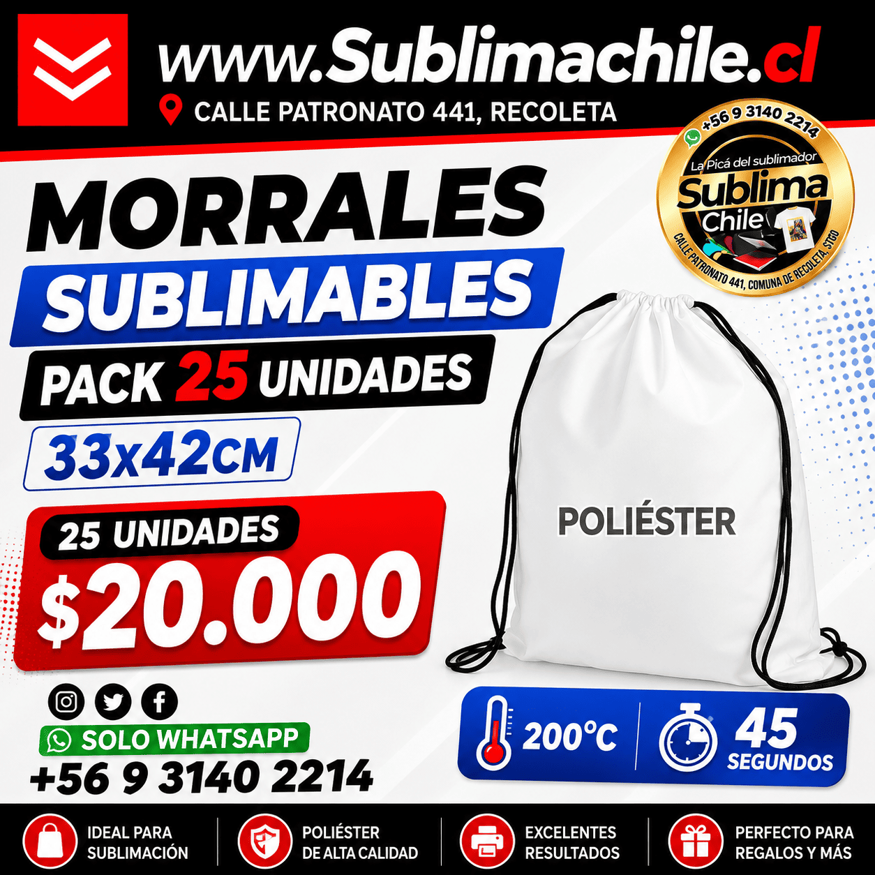 Morrales Sublimables de Poliéster 33x42 cm – Pack 25 Unidades 1 Morrales Sublimables de Poliéster 33x42 cm – Pack 25 Unidades