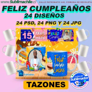 Pack 24 diseños Feliz Cumpleaños para Tazas - Editables en PSD e incluye PNGs