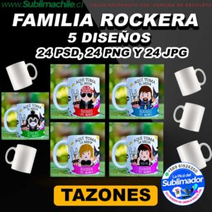 Pack 5 Diseños Familia rockera Para sublimar tazones