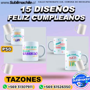 15 Diseños Feliz Cumpleaños para Sublimar en Tazones Editables - PSD