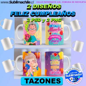2 Diseños Feliz Cumpleaños para Sublimar Tazones - PNG y PSD Editables