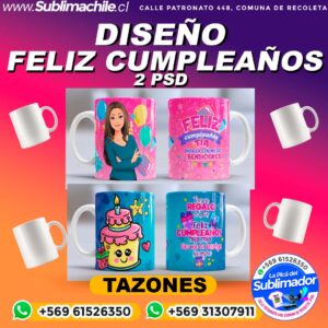 2 Diseños Feliz Cumpleaños para Sublimar Tazones - PSD Editable