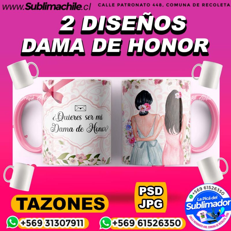 2 Disenos de Dama de Honor para Sublimar Tazones Editable PSD