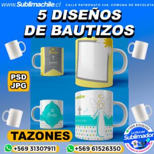 5 Diseños de Bautizos para Sublimar en Tazones Editables - JPG y PSD