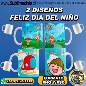 2 Diseños Editables Día del Niño para Sublimar Tazones - PSD y PNG