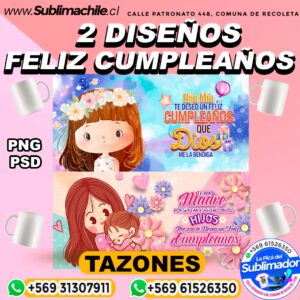 2 Diseños Editables de Feliz  Cumpleaños para Sublimar en tazones - PNG y PSD