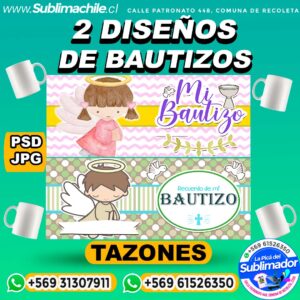 2 Diseños de Bautizos para Sublimar en Tazones Editables - PSD Y JPG