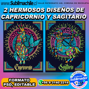 2 Diseños estilo azteca de los signos "capricornio y sagitario para sublimar - PSD, EDITABLE