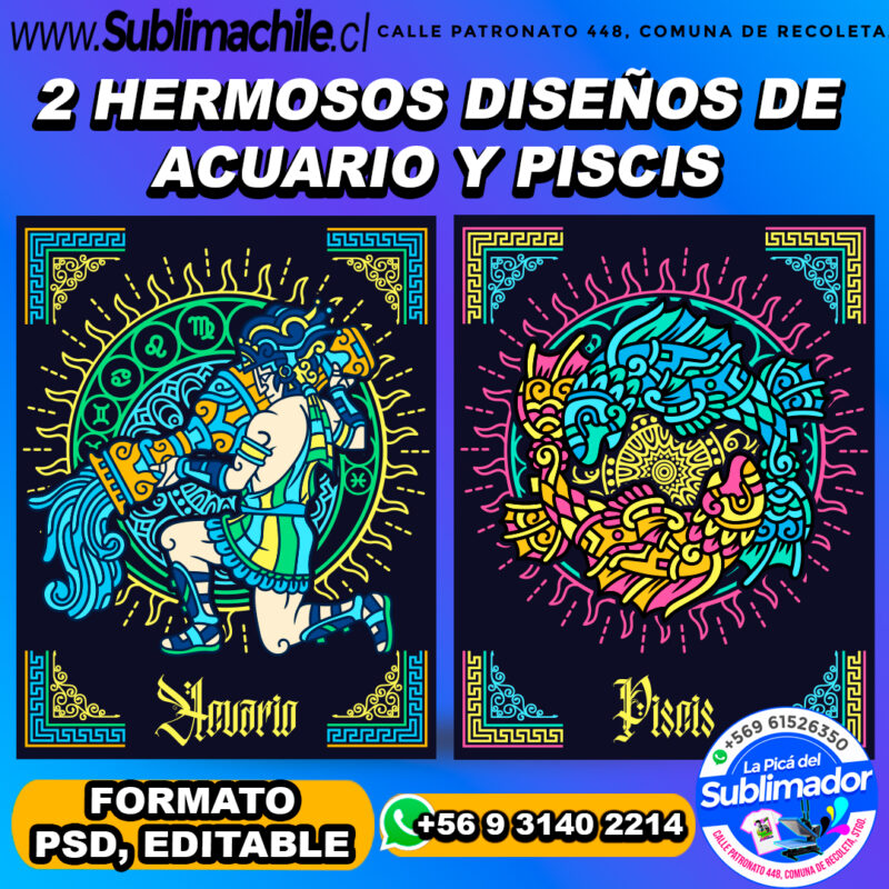 2 Disenos estilo azteca de los signos piscis y acuario para sublimar PSD EDITABLE