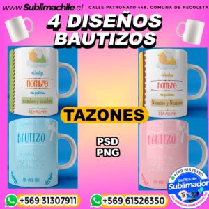 4 Diseños de Bautizos para Sublimar Tazones Editables - PSD y JPG