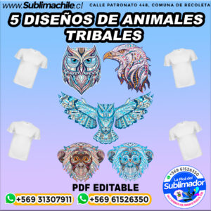 5 Diseños editables de animales tribales para sublimar poleras - PDF