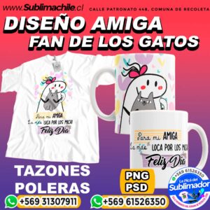 Diseño Amiga Fan de los Gatos para Sublimar en Poleras y Tazones Editables - PSD y PNG