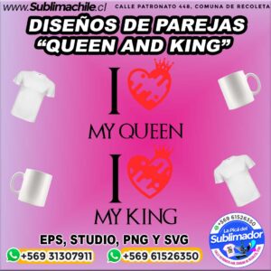 Diseños Queen and King para sublimar tazones y poleras - EPS, STUDIO, PNG Y SVG