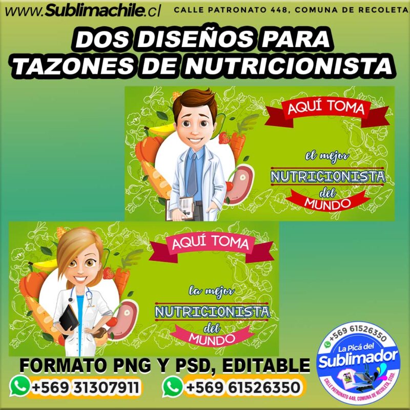 Dos disenos para nutricionistas para sublimar en tazones PNG y PSD editable