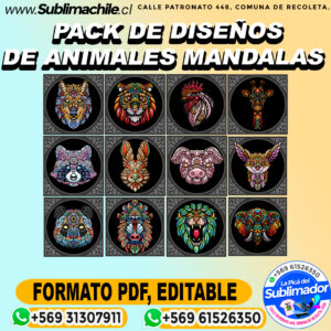 Pack 12 diseños de animales mándalas para sublimar - PDF, EDITABLE