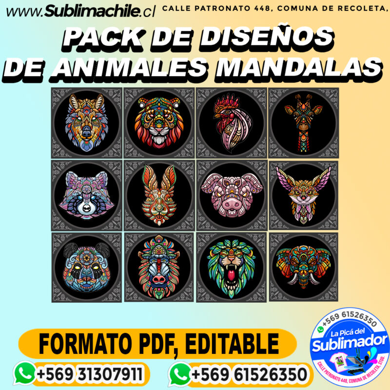 Pack 12 disenos de animales mandalas para sublimar PDF EDITABLE