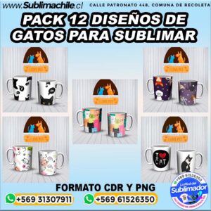 Pack 12 diseños de gatitos para sublimar tazones - CDR y PNG