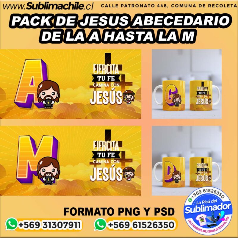 Pack de Jesus abecedario de la A hasta la M para sublimar tazas PNG Y PSD