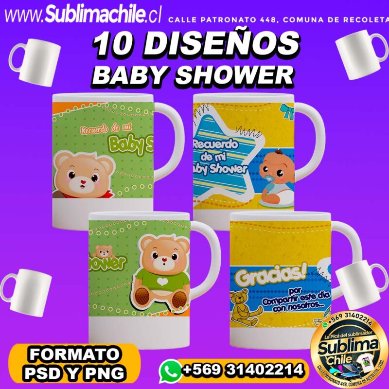 10 Disenos de Baby Shower para Sublimar Tazones Editables PSD y PNG
