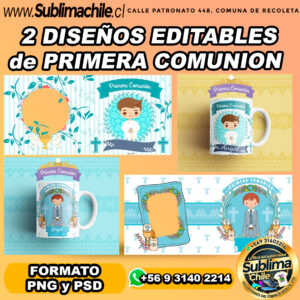 2 Diseños editables de primera comunión para sublimar tazones - PNG, PSD