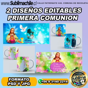2 Diseños editables de tu primera comunión para sublimar tazones - PSD, JPG