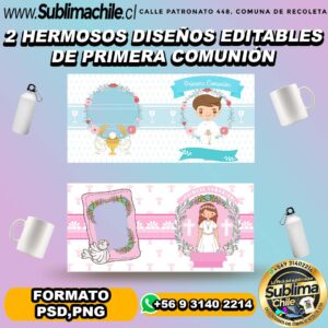 2 hermosos diseño editables de primera comunión para sublimar tazones - PSD, PNG