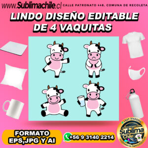 4 Diseños editables de vacas para sublimar - AI, JPG y EPS