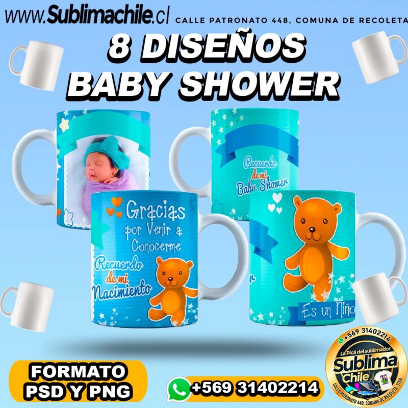 8 Disenos de Baby Shower para Sublimar Tazones Editables PNG y PSD