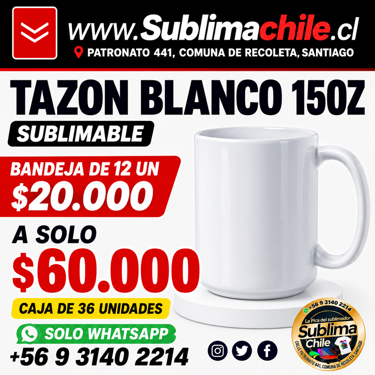 Tazón Blanco Sublimable 15 oz 1 Tazón Blanco Sublimable 15 oz