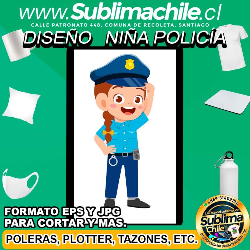 Diseno de Nina Vestida de Policia para Sublimar editable en CDR JPG y EPS