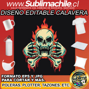 Diseño editable de calavera en llamas para sublimar - EPS, JPG