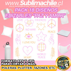 Pack 18 diseños editables de "amor y paz" para sublimar - JPG, EPS