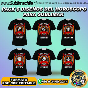 Pack 6 diseños del horoscopo para sublimar poleras - PDF, CDR EDITABLE