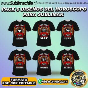 Pack 6 diseños del zodiaco para sublimar poleras - PDF, CDR EDITABLE