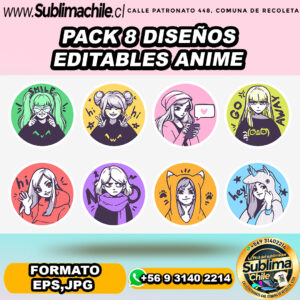 Pack 8 diseños editables estilo anime para sublimar - JPG, EPS