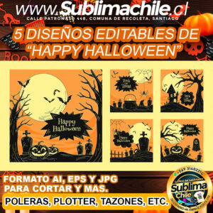 5 Diseños editables de "happy halloween" para sublimar - EPS, JPG y AI