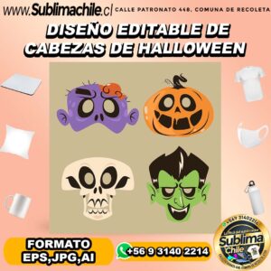 3 Diseños editables de cabezas de Halloween para sublimar- EPS,JPG,AI