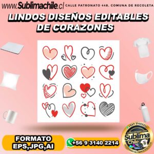 Pack 16 diseños editables de corazones para sublimar - EPS,JPG,AI
