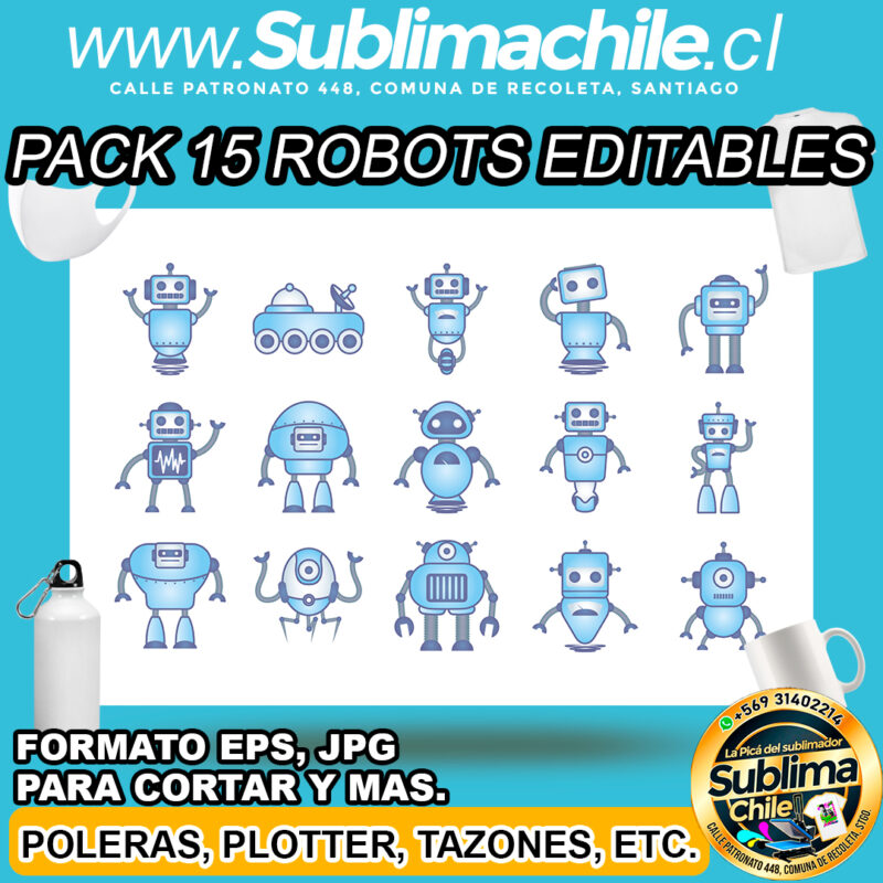 Pack 15 disenos editables de robots para sublimar EPS JPG
