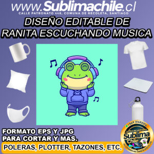 Un diseño editable de rana escuchando música para sublimar - EPS, JPG