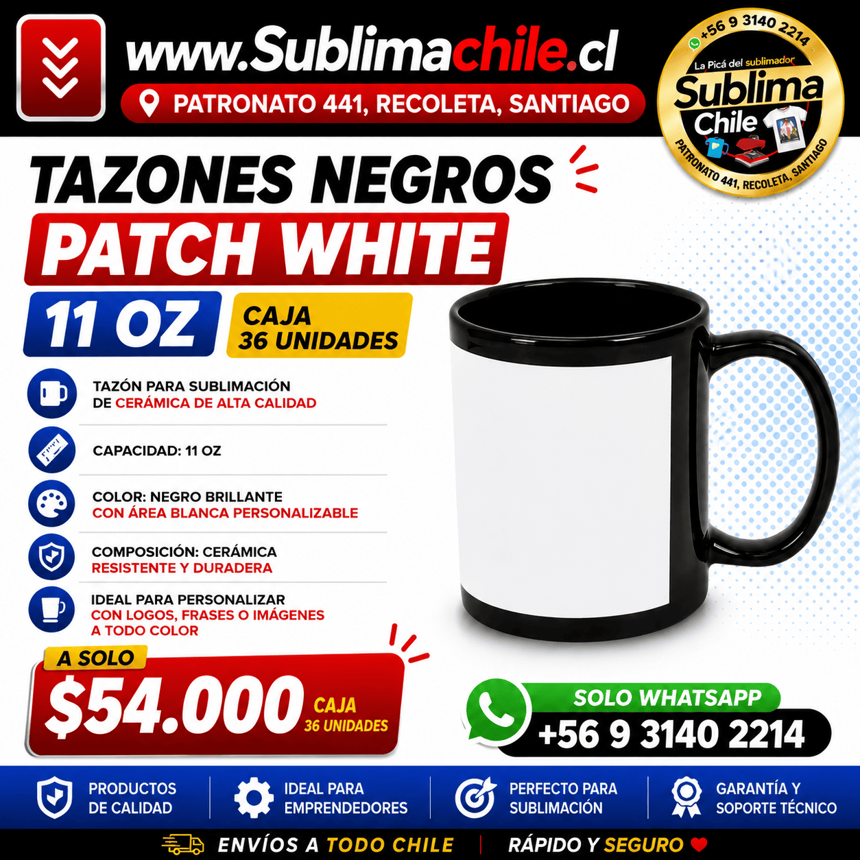 Tazones Negros Patch White 11oz Caja 36 unidades 1 Tazones Negros Patch White 11oz Caja 36 unidades