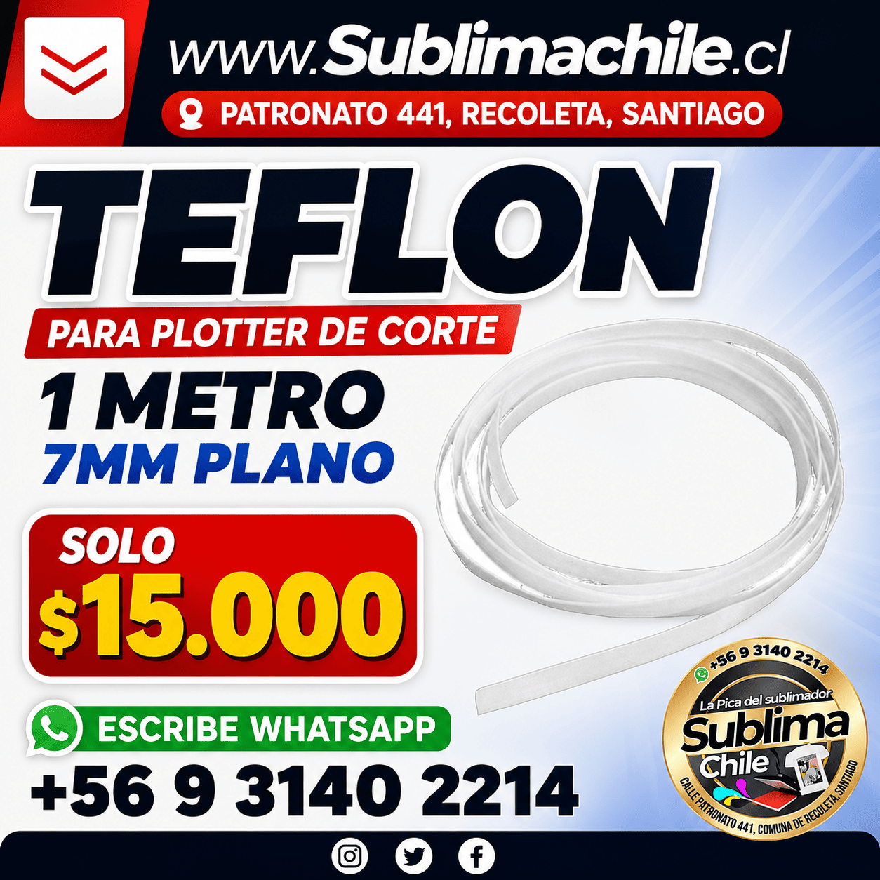 Teflón Plano 7 mm para Plotter de Corte | 1 Metro 1 Teflón Plano 7 mm para Plotter de Corte | 1 Metro