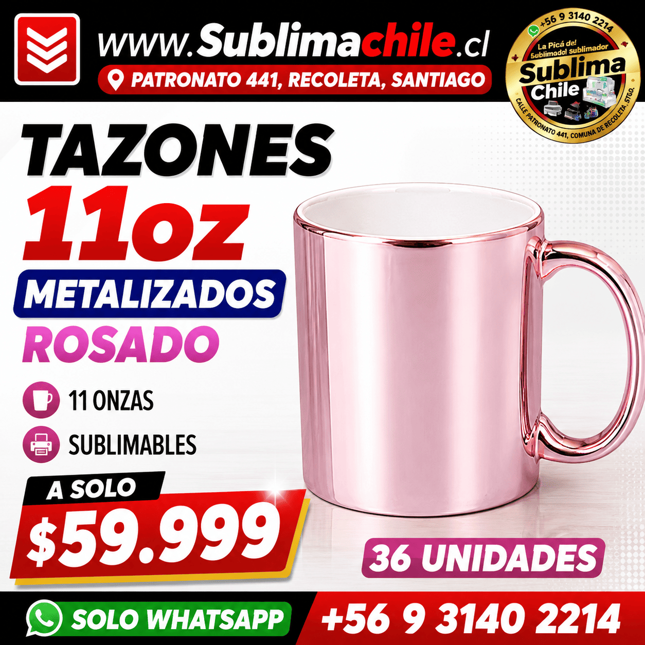 Tazones Metalizados sublimables Rosados 11 Oz 1 Tazones Metalizados sublimables Rosados 11 Oz