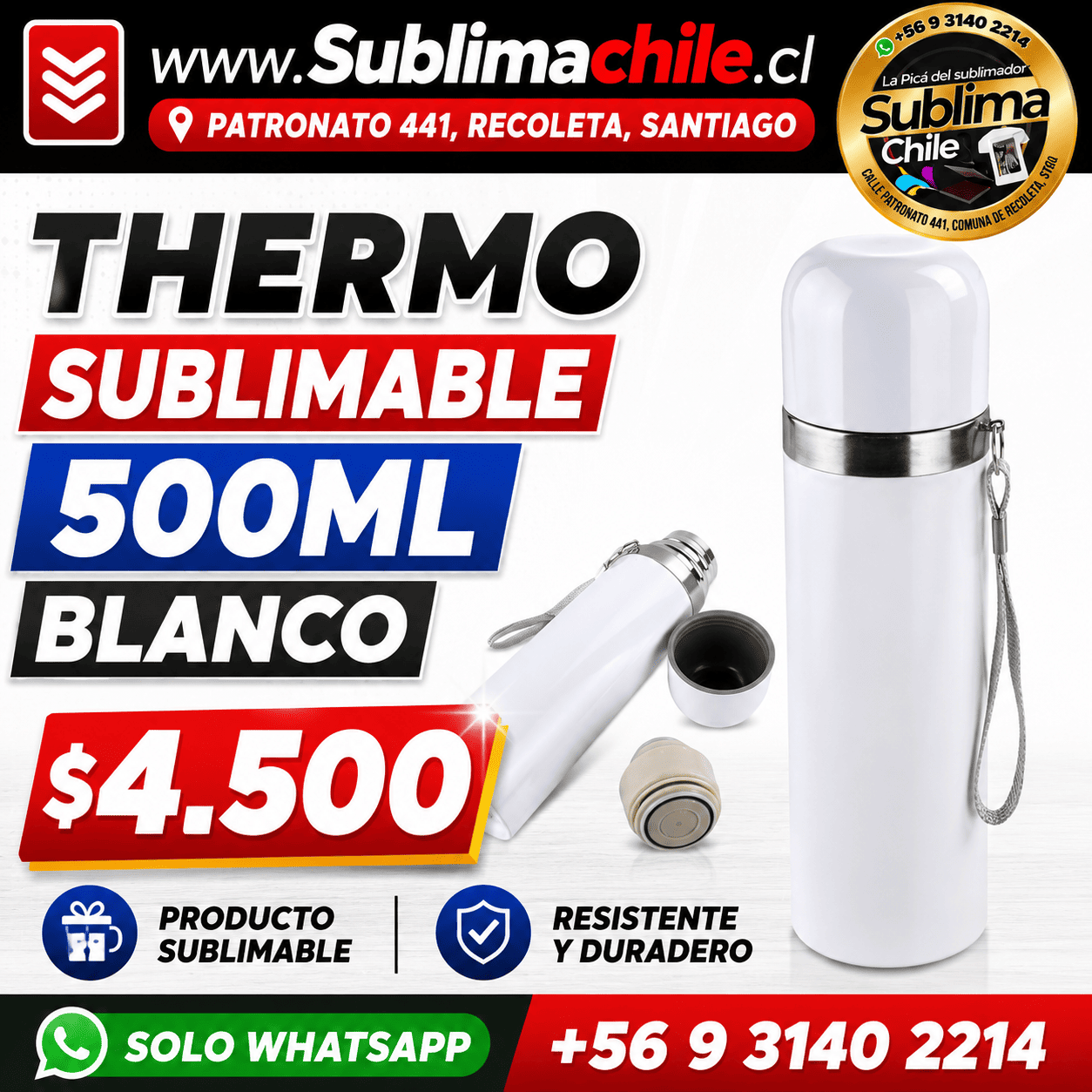 Termo Bala 500 ml Sublimable con Tapa Metálica 1 Termo Bala 500 ml Sublimable con Tapa Metálica